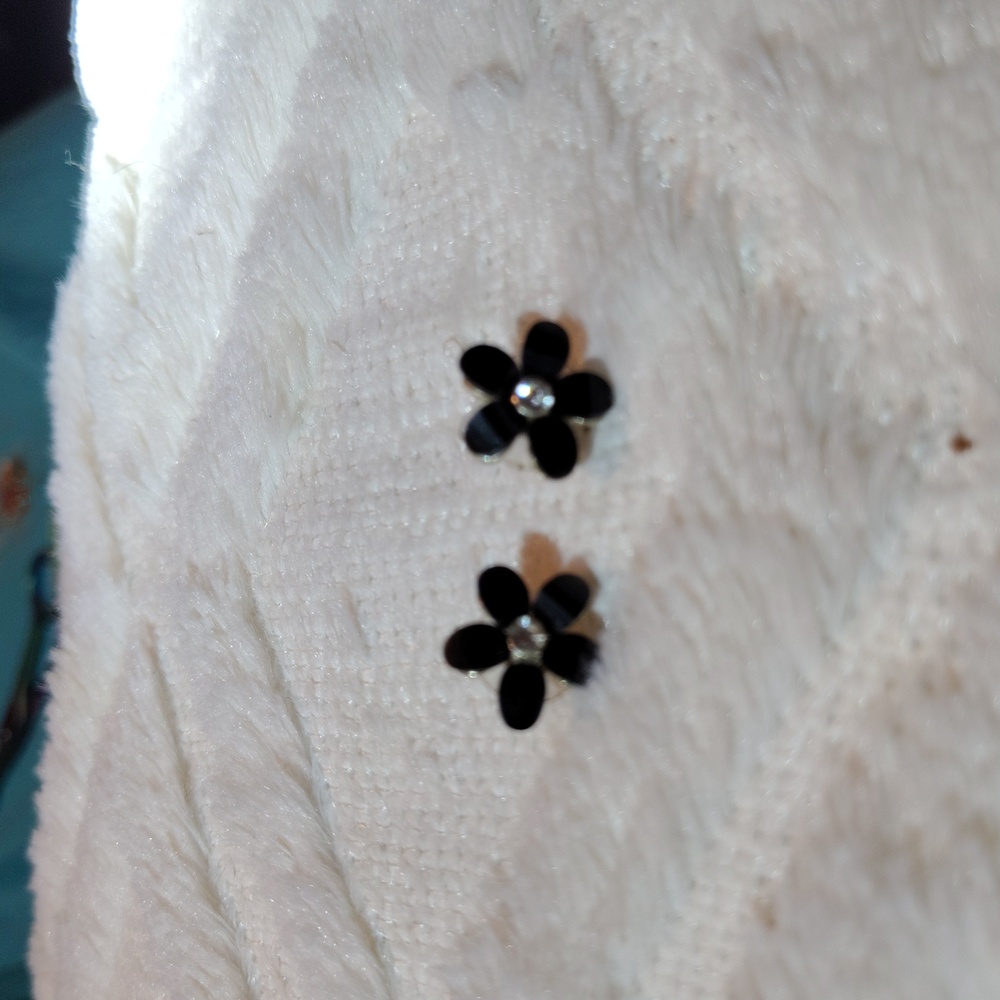 Vintage Black Onyx & Cubic Zirconia Flower Earrings 1940s Pierced